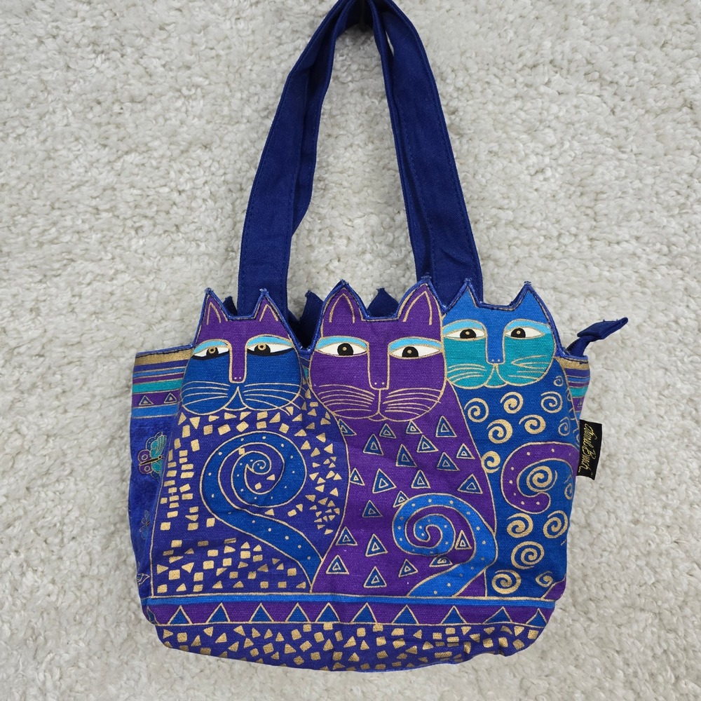 Laurel Burch‎ Indigo Cats Tote Bag Women Small Blue Gold Foil Artistic Boho Bag
